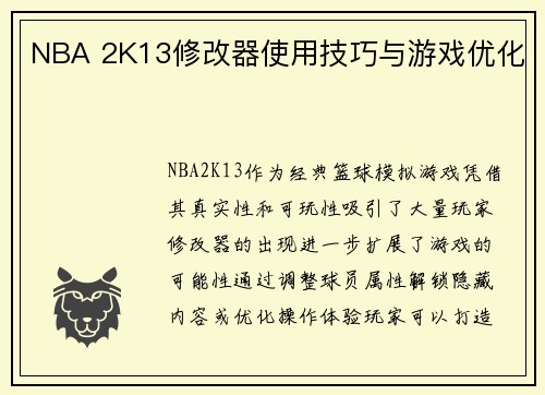 NBA 2K13修改器使用技巧与游戏优化