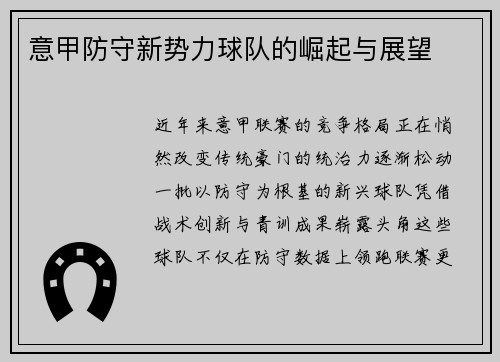 意甲防守新势力球队的崛起与展望