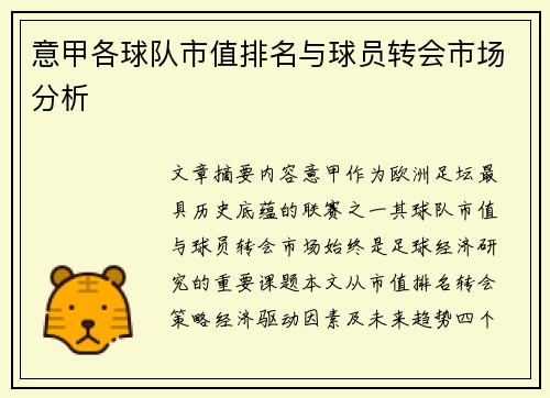 意甲各球队市值排名与球员转会市场分析