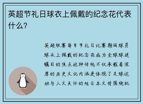 英超节礼日球衣上佩戴的纪念花代表什么？
